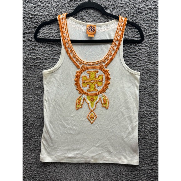 Tory Burch Beaded Logo Tank Top White Womens Size L - Picture 1 of 11